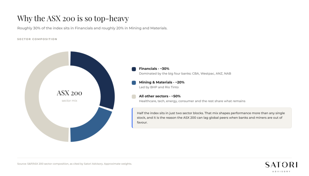 ASX 200 sector breakdown: 30% Financials, 20% Mining and Materials